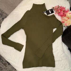 DKNY Olive Green Ribbed Turtleneck Sweater